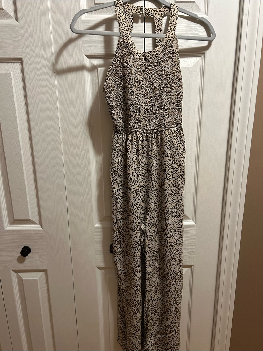 Jessica Simpson Smocked Halter Jumpsuit in Beige Leopard Print